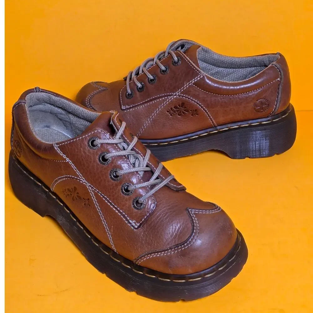 Vintage Dr Martens 12280 Daisy Splat Light Brown Chunky Platform Oxfords US9 Y2K
